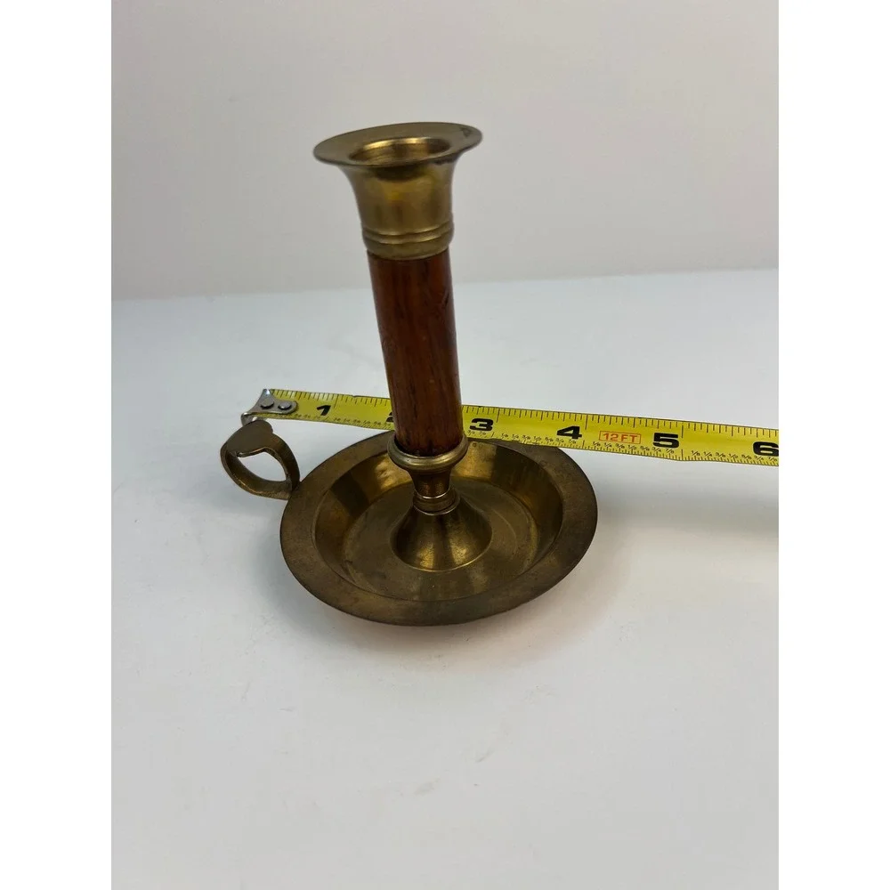 Vintage Brass Wood Candlestick Holders Finger Ring 4.25